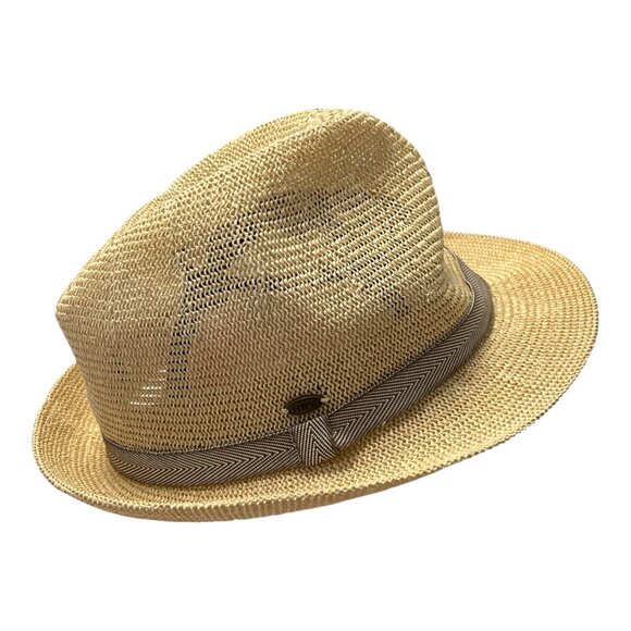 Vintage HBY Miami Straw Fedora Hat – Size L – Natural Woven with Brown Herringbo - Picture 2 of 6